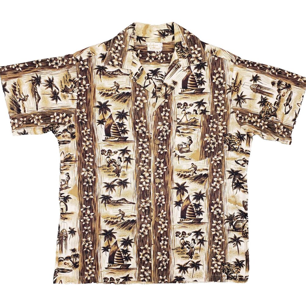 Vintage Fashions of Hawaii 1960s Aloha Shirt Mens Medium Tan Rayon Buttons‎